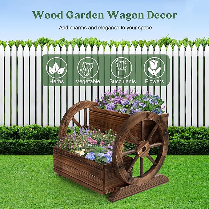 2PCS Wooden Wagon Planter Box, Garden Planter with Wheels,Decorative Flower Planter for Flowers Herbs Vegetables for Indoor & Outdoor Decor,Wooden Flower Cart for Patio Garden Balcony
