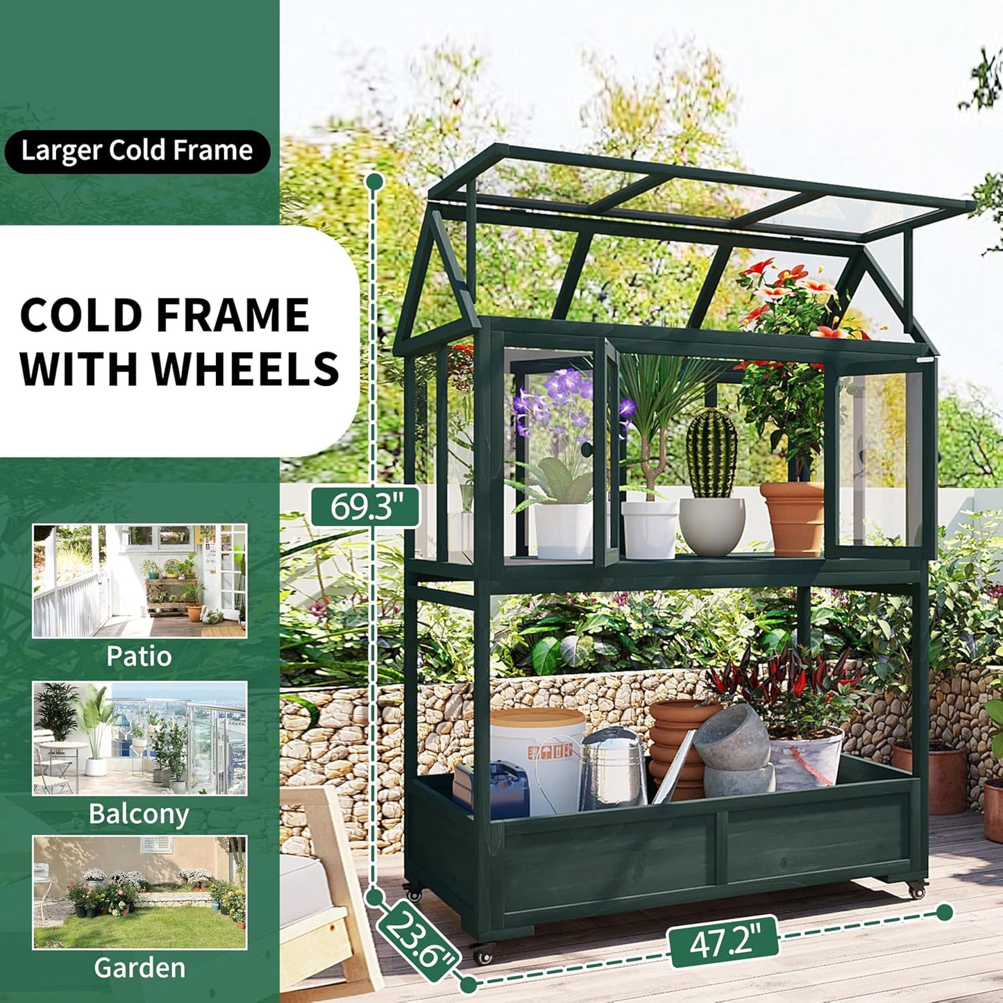 62" Wooden Greenhouse with Wheels - Adjustable Shelves Portable Cold Frame for Balcony/Patio, UV-Resistant Indoor Outdoor Plant Growing Cabinet (Large, Heavy-Duty) (Green)