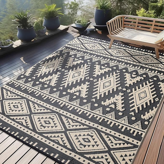OLANLY Outdoor Rug Waterproof 8x10 ft, Reversible Outdoor Plastic Straw Rug, Boho Patio Rug, Indoor Outdoor Carpet, RV Mat Outside for Patio, Camp, Picnic, Balcony, Deck, Backyard, Black & Beige