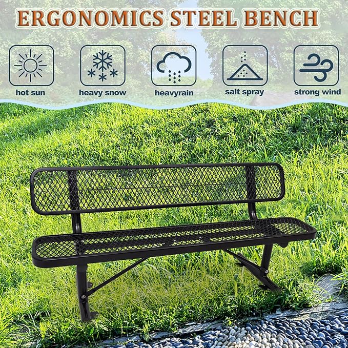 4/6/8 Feet Park Bench for Outside Heavy Duty Metal, Garden Benches Outdoor Bench with Backrest & Portable Frame, for Shopping Malls Stores Parks Patios Decks, Black