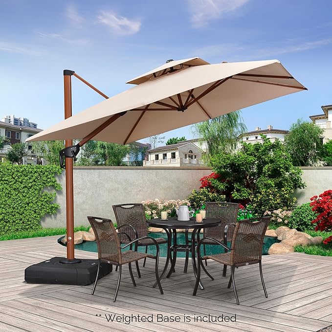 PURPLE LEAF Patio Umbrella with Base Outdoor Square Umbrella Large Cantilever Umbrella Windproof Offset Umbrella Heavy Duty Sun Umbrella for Garden Deck Pool Patio, 9ft Beige