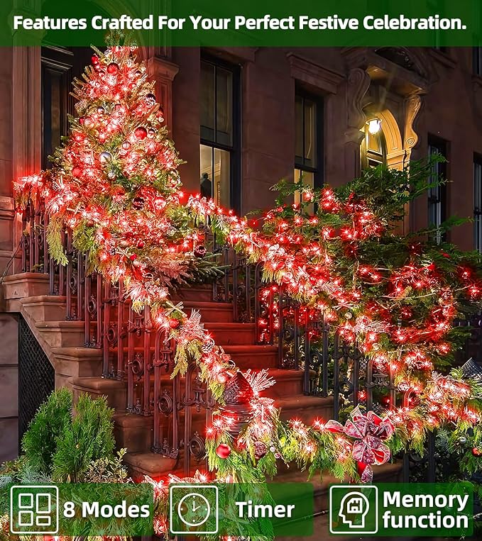 1500 LED 492FT Christmas Lights With Timer Memory - Green Wire String Lights for Indoor Outdoor Decorations, Christmas Tree, Party, Xmas, Wedding, Garden, Patio - Red