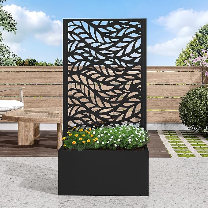 Casaphoria Metal Raised Garden Bed with Trellis and Wheels, 47"x24"x12" Planter Box for Climbing Plants, Vegetables & Vines, Features Drainage Holes and Privacy Screen (Black-Spring)