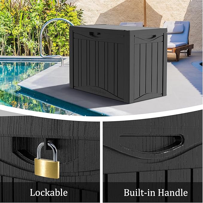 50 Gallon Plus Outdoor Storage Box, Waterproof Resin Deck Box for Patio, Pool, and Garden, Lockable Bin for Cushions, Tools, and Accessories, UV-Resistant, Black