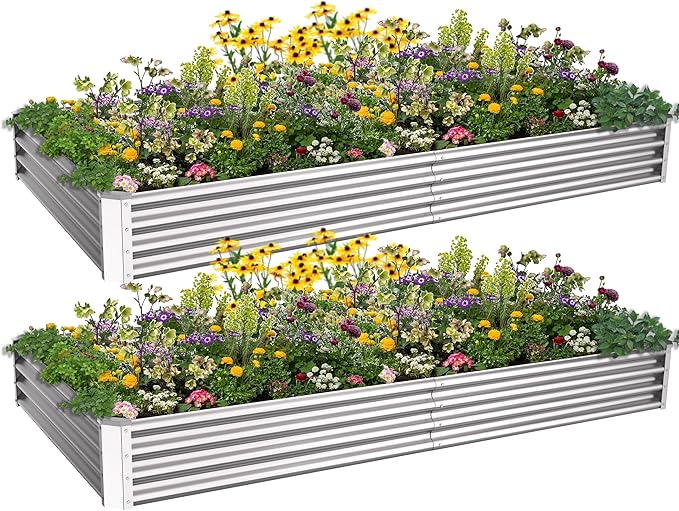 8x4x1ft(2 Pack) Galvanized Raised Garden Bed for Gardening,Metal Planter Boxes Outdoor Patio Kit Planting Bed for Vegetables Flowers Herb,Silver