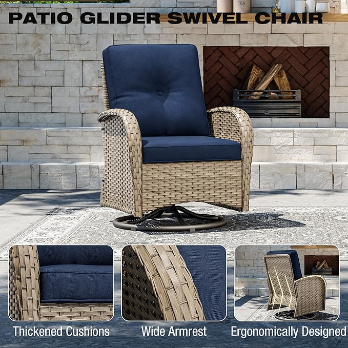 Joyside Outdoor Swivel Rocker Chairs, 3 Piece Wicker Patio Set with Thick Cushion and Side Table, Rattan Patio Swivel Rocking Chairs for Porch, Deck Use (Natural/Blue, 3 PCS)