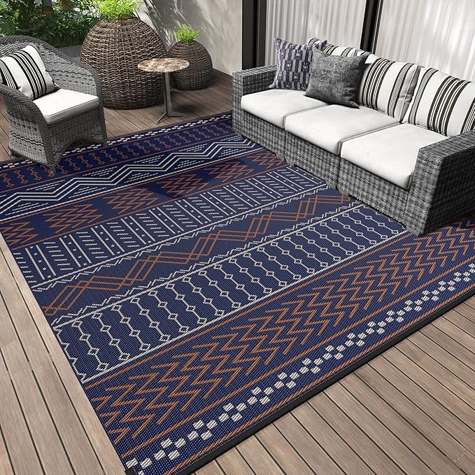 Outdoor Rug Carpet Waterproof 5x8 ft Patio Rug Mat Indoor Outdoor Area Rug for RV Camping Picnic Reversible Lightweight Plastic Straw Outside Rug for Patio Decor Decoration Boho Rug Navy Red