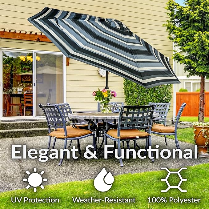 Sunnydaze Outdoor Patio Umbrella - Polyester Table Market Umbrella with Push-Button Tilt and Crank - 8 Sturdy Ribs - Catalina Beach Stripe - 9ft