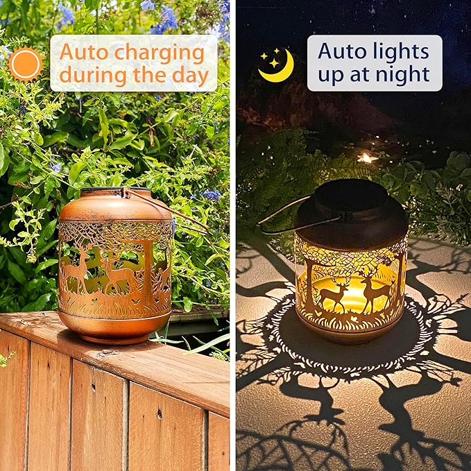 2 Pack Deer Solar Lanterns Outdoor Waterproof Hanging Solar Lights Deer Gifts for Women Men Metal Decorative LED Lanterns for Yard, Patio, Lawn, Tabletop, Pathway, Landscape, Garden Decor
