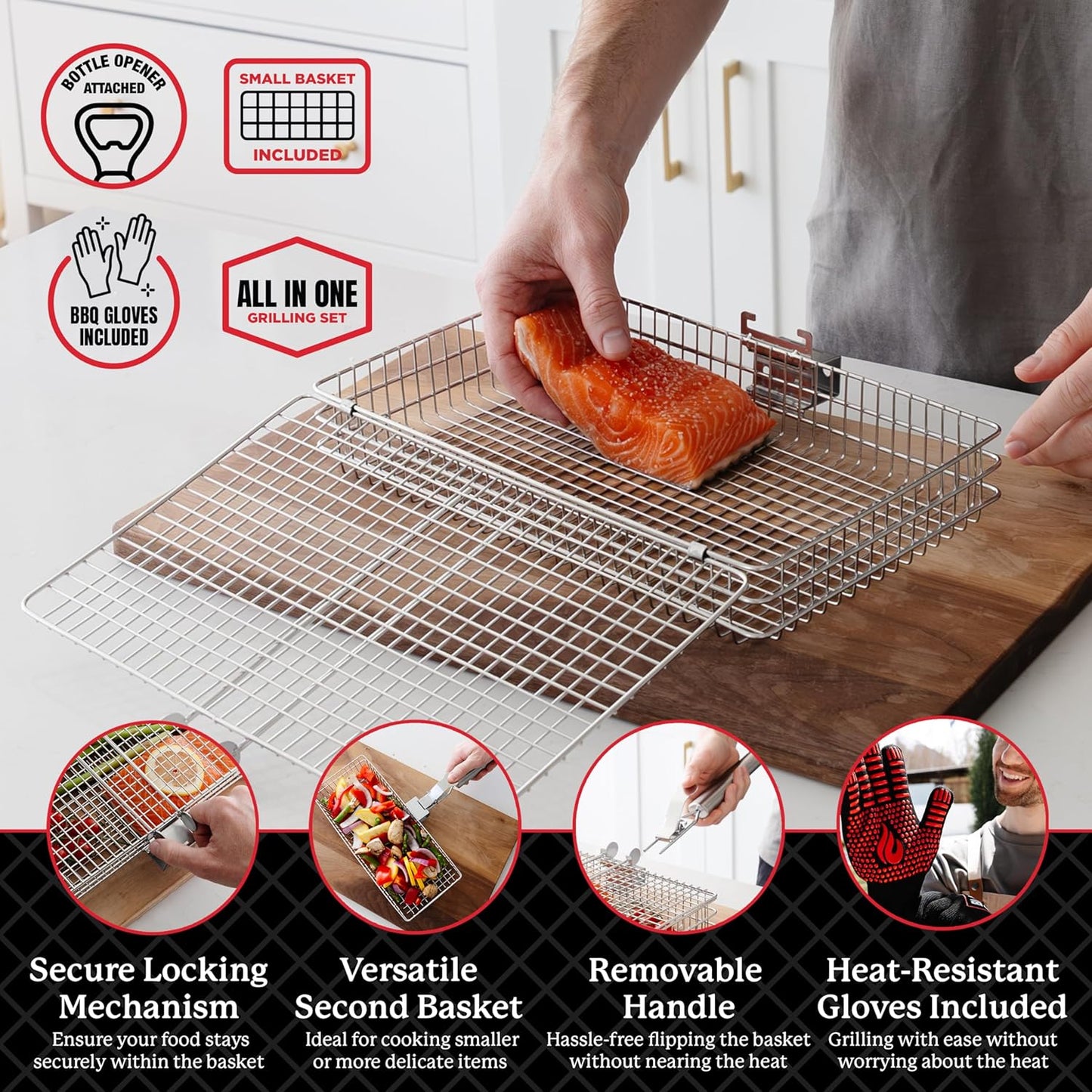 BLAZIN' GRILL Baskets for Outdoor Grill | 2 Grilling Baskets with Detachable Handle | Barbecue Grill Set with BBQ Gloves | Portable Camping Net Rack Perfect for Vegetables, Seafood & Meat