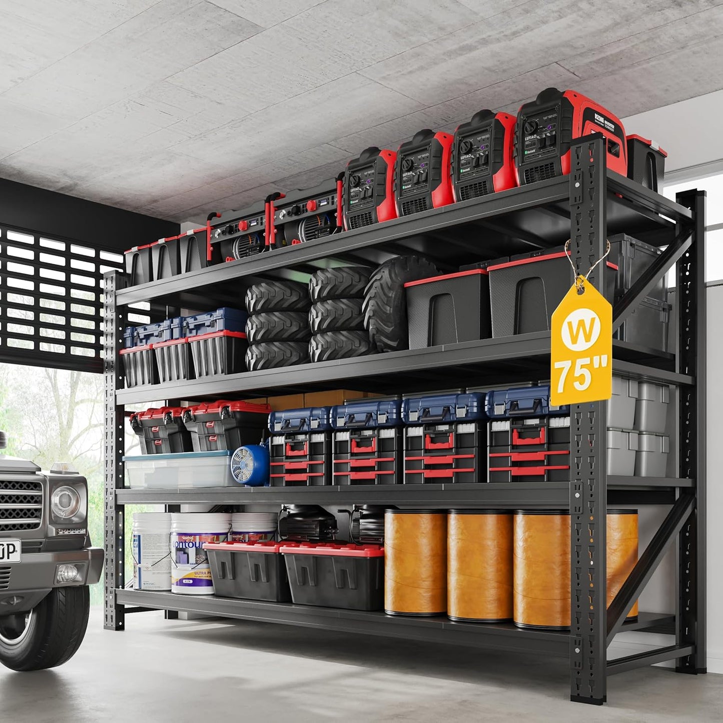 9000LBS Metal Steel Storage Shelves - 75" W Black 4 Tier Heavy Duty Rack Commercial Industrial Shelving with Adjustable Shelf for Basement Garage Warehouse - 75" W x 24" D x 70" H