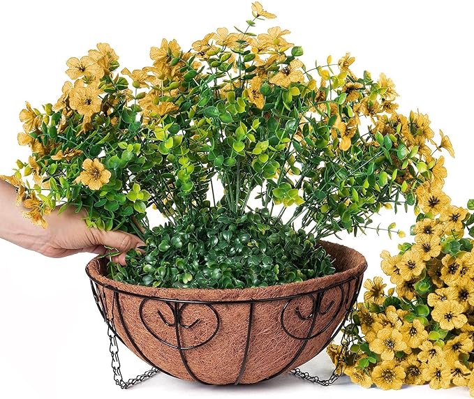 Artificial Fake Fall Hanging Mums Plants Flowers Basket for Outdoor, Autumn Faux Silk Yellow Daisy in Hang Planter Look Real UV Resistant for Porch Home Patio Balcony Yard Decor