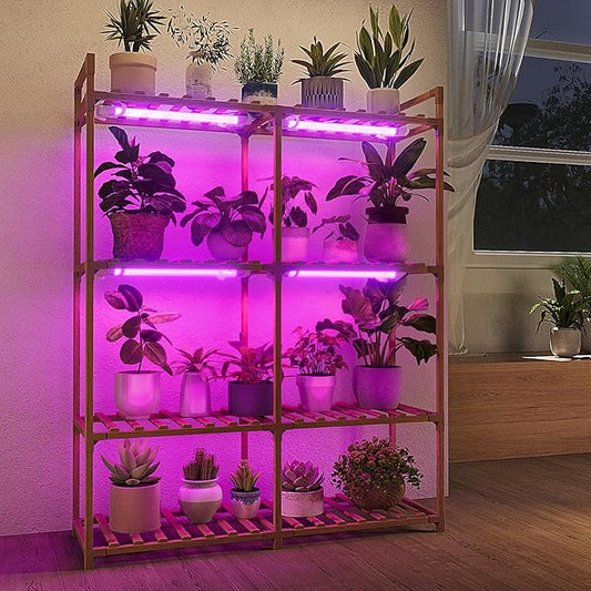 Bamworld Plant Stand with Grow Lights for Indoor Plants Wood Plant Shelf 4 Tier Large Flower Stand for Mutiple Plant Holder Rack for Patio Living Room BalconyDecor Purple Light