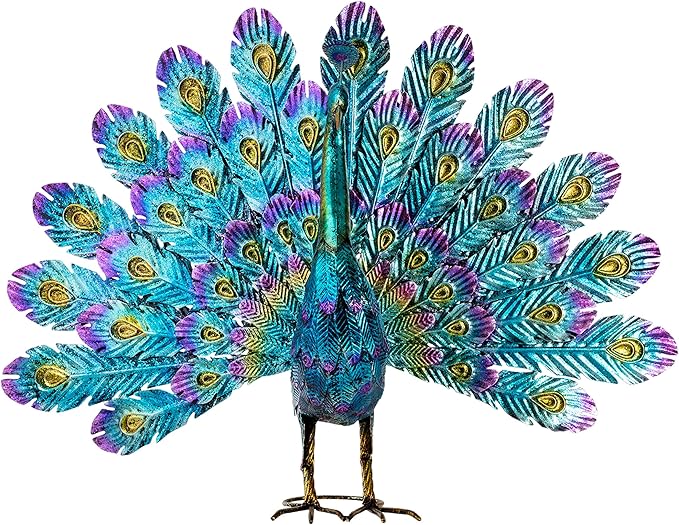 Alpine Corporation - 23" Tall Outdoor Metallic Peacock Tail Spread Yard Statue – Vibrant Garden Sculpture for Patio, Lawn, or Entryway (Multicolor)
