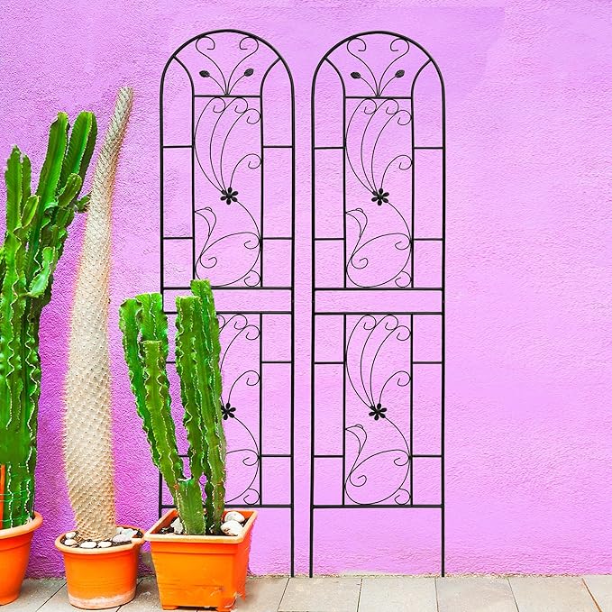 Metal Garden Trellis Rustproof Trellis for Climbing Plants Outdoor Flower Support Peacock Style (Black-2 Pack, 86.7"x19.7")
