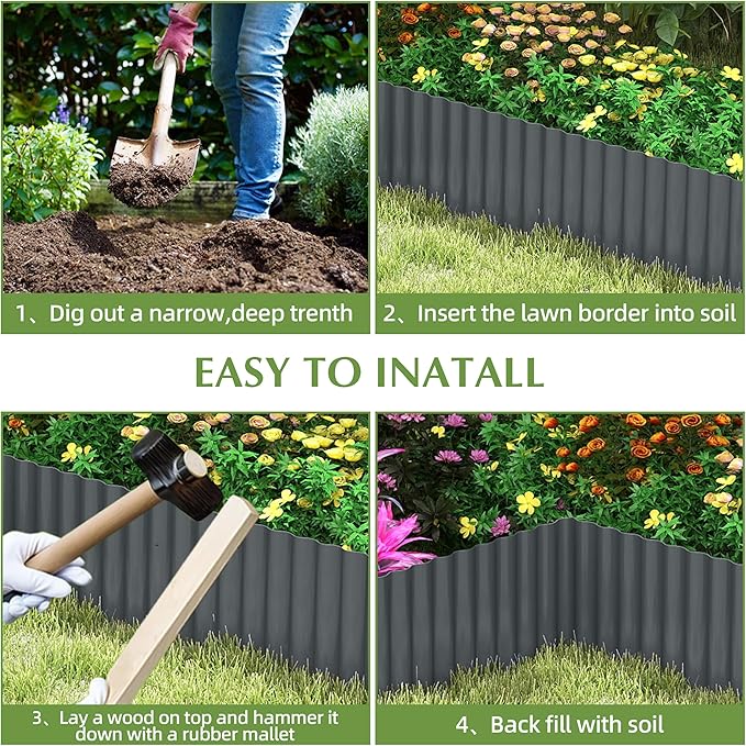 Metal Garden Edging Border, Corrugated Steel Landscaping, DIY for Lawn (Black, 10 Inch x 10FT)