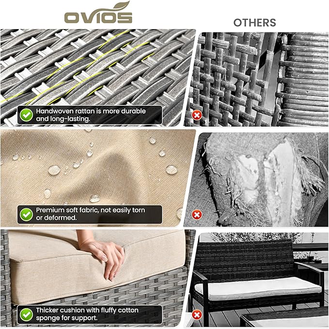 ovios 6 Pieces Patio Furniture Set with 42" Fire Pit Table, Outdoor Wicker Sofa with Comfy Cushions, All Weather High Back Rattan Couch Conversation Set, Beige
