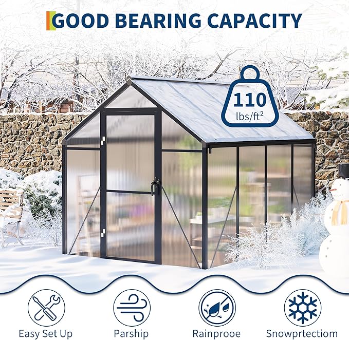 6 x 8 FT Greenhouse, Greenhouses for Outside, Polycarbonate Greenhouse with Aluminum Frame, Lockable Door and Ajustable Roof Vent for Backyard, Green Houses for Outside Garden Backyard, Patio