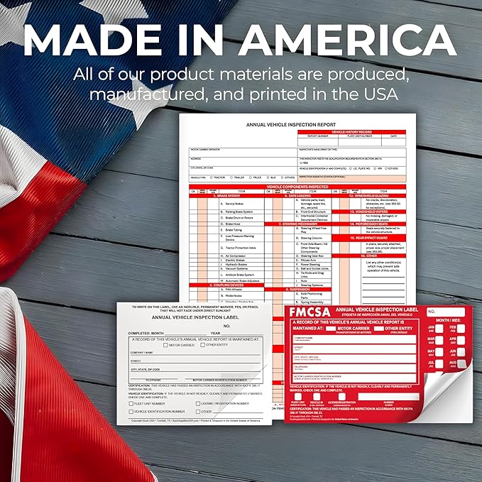 25 Pack 3-Ply Carbonless Annual Vehicle Inspection Report Forms with FMCSA Red Aluminum Labels & White Mylar Laminate Vinyl Labels, DOT Inspection Forms and Stickers, Shrink-Wrapped, 8.5" x 11.75"