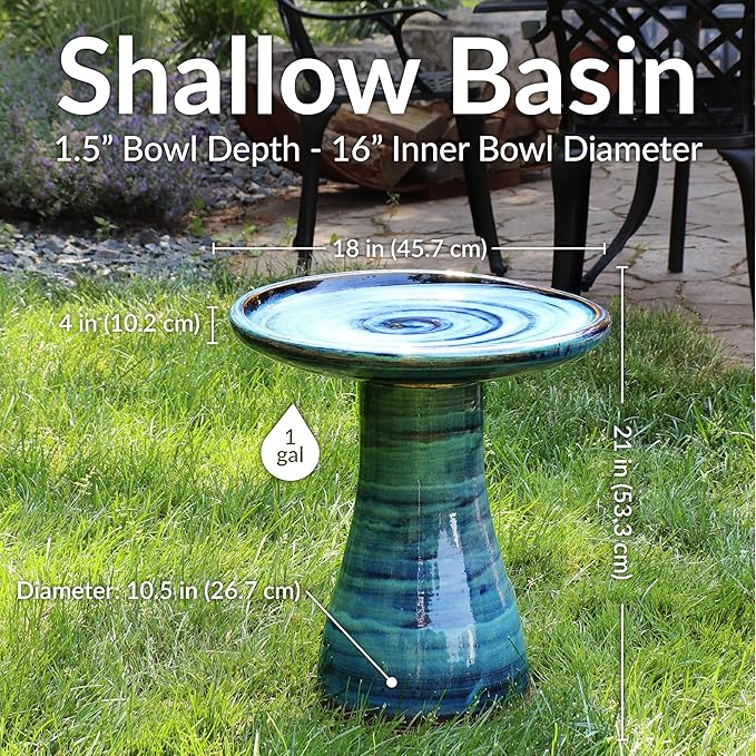 Sunnydaze 21" H Ceramic Bird Bath for Outside - Hand-Painted Outdoor Bird Bath Bowl, UV/Frost-Resistant Finish - Galaxy Blue - Classic Pedestal
