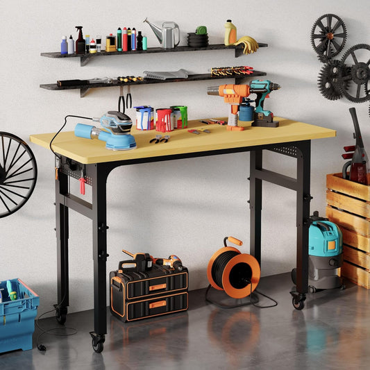 60" Heavy Duty Work Bench with Wheels, Adjustable Height 2000 Lbs Garage Workbench w/Pegboard Pad & Power Outlets, Portable Mobile Tool Work Table for Woodworking Workshop Home Office (60" L)