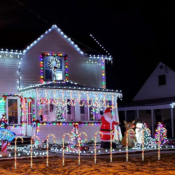 26" Candy Cane Lights Christmas Decorations - 10 Pack Pathway Markers Outdoor Yard Decorations, Candy Cane Lights for Walkway, Lawn, Garden, Xmas Indoor Ornaments, Red & Green (100 Lights Bulbs)