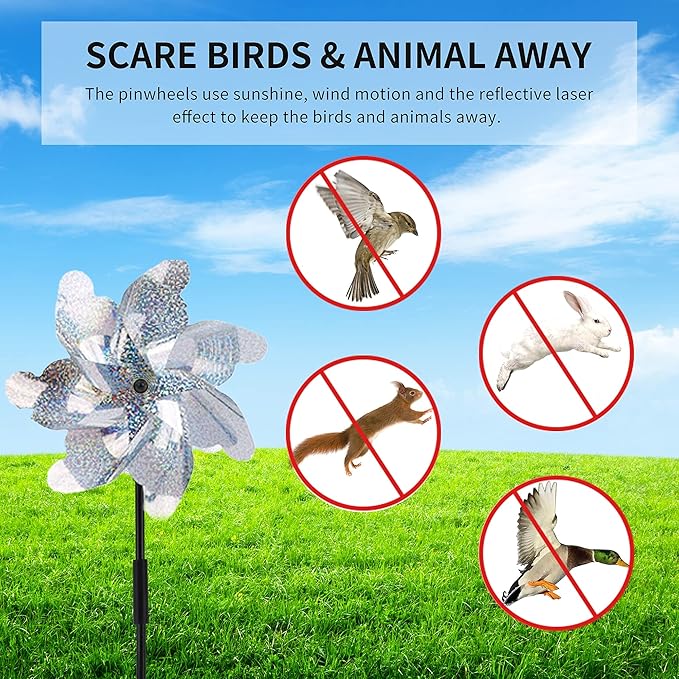 BATTIFE 12 Pack Pre-Assemble Sparkly Reflective Pinwheels | Silver Bird Blindness Pin Wheel | Scare Birds & Animals Away | Wind Spinner for Yard and Garden
