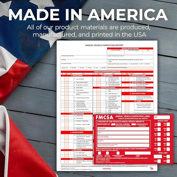 10 Pack 3-Ply Carbonless Annual Vehicle Inspection Report Forms with FMCSA Red Aluminum Adhesive Labels, DOT Inspection Forms and Stickers, Shrink-Wrapped, 8.5" x 11.75" - Made in USA