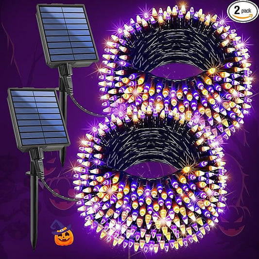 2-Pack 200FT Halloween Solar String Lights for Outside, 600 LED Extra-Bright Solar Light Outdoor with 19 Modes & Timer, Waterproof Fairy Solar Lights for Garden Patio Tree Decorations Orange & Purple