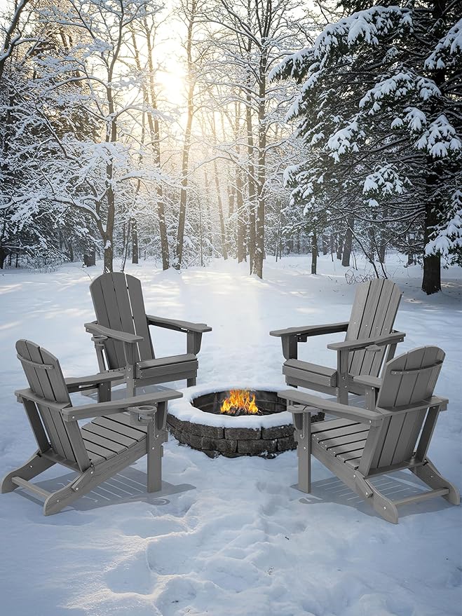 KINGYES Folding Adirondack Chair Set of 8, Dual Cup Holders & All-Weather HDPE, Wood-Like Patio Chair for Backyard, Camping, Pool & Fire Pit, Grey