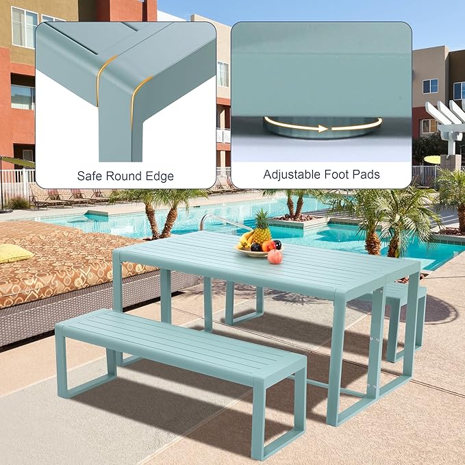 Aoodor 3-Piece Outdoor Patio Dining Set, Aluminum Furniture Set with 1 Rectangular Picnic Table and 2 Benches for Garden, Lawn, Yard