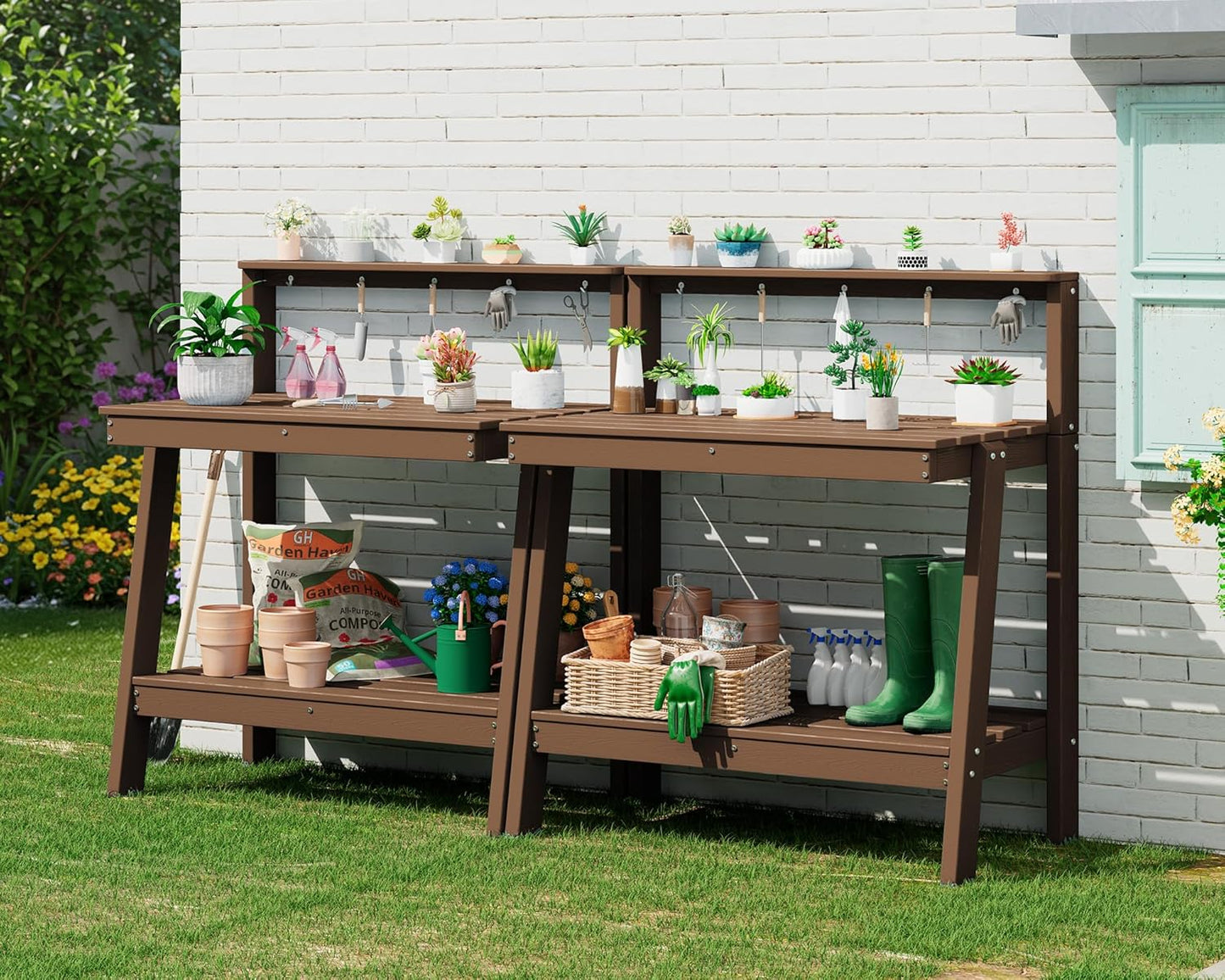 SERWALL Potting Bench Outdoor with Storage Set of 2, 3-Tier HDPE Gardening Table with Angled Legs & Tool Hooks, All-Weather Heavy Duty Potting Table for Patio, Backyard, Garden, Brown