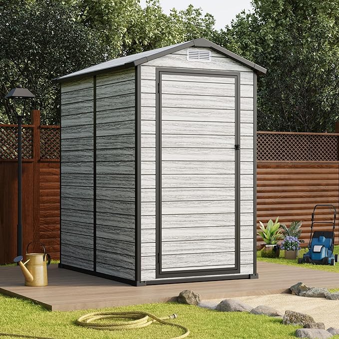 All-Weather Plastic Shed with Window, Outdoor Resin Garden Shed with Lockable Door and Vents, Outdoor Resin Storage Sheds for Backyard, Patio, Lawn, Tool, Bike