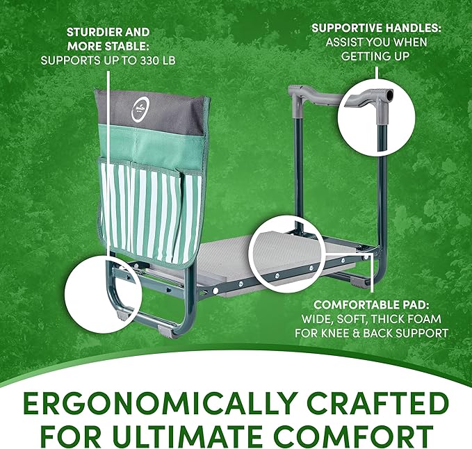Garden Kneeler Seat Bench, Garden Kneeling Bench with Sunshade Umbrella, Ergonomic Handles, Folding Table, and Potting Mat, 10.2" Foam Knee Seat, Loading Capacity 330 Lbs