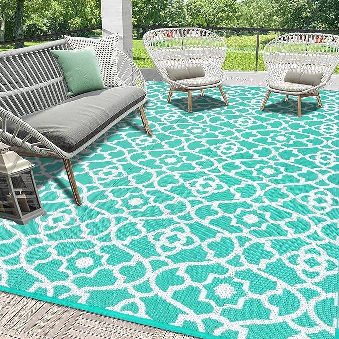 HEBE Outdoor Rug Waterproof 9x12, Reversible Plastic Straw Rug RV Camping Rug, Indoor Outdoor Patio Mat Clearance, Outside Carpet for Porch,Deck,Camper,Balcony,Backyard,Picnic