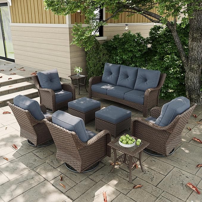 9 Pieces Outdoor Patio Furniture Sets with Rocking Swivel Chairs with 6-inch Thick Cushion and Side Table for Deck Lawn