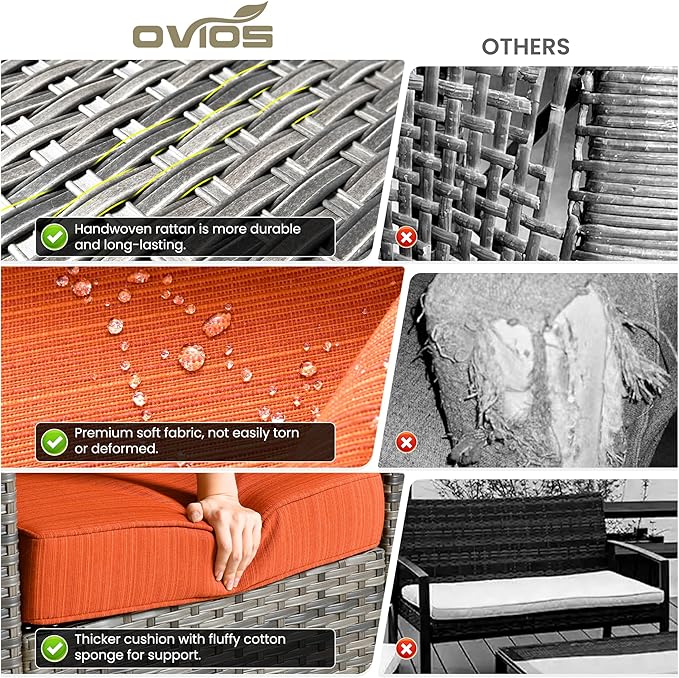 ovios 6 Pieces Patio Furniture Set with 42" Fire Pit Table, Outdoor Wicker Sofa with Comfy Cushions, All Weather High Back Rattan Couch Conversation Set, Orange Red