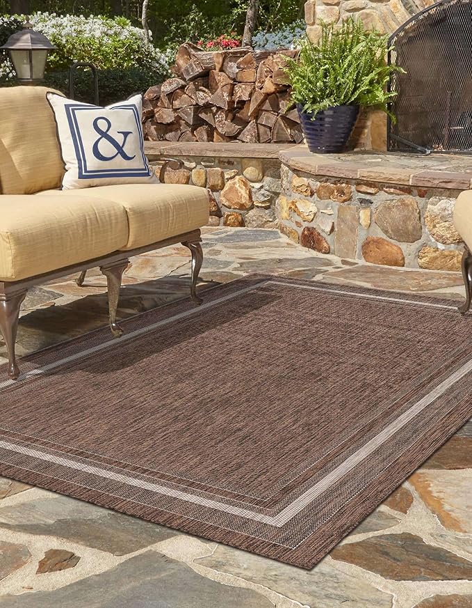 Unique Loom Outdoor Border Collection Area Rug - Soft Border (7' 10" x 10' Rectangle Brown/Ivory)