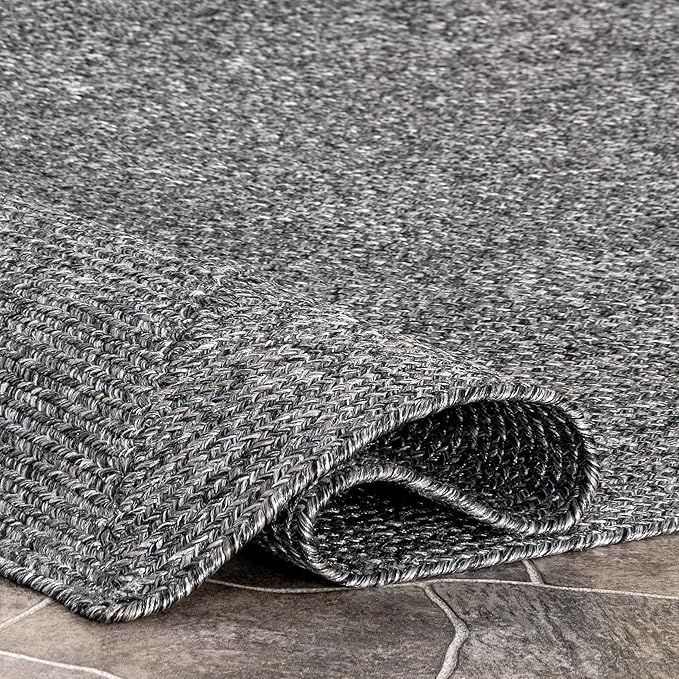 nuLOOM 8' Round Solid Hand Braided Indoor/Outdoor Area Rug, Pet-Friendly, High Traffic, Weather Resistant, for Patio, Balcony, Bedroom, Living, Dining Room, Wynn Charcoal