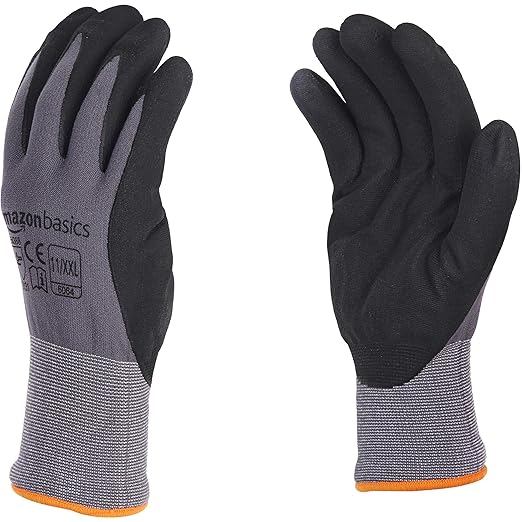 Amazon Basics Micro-Foam Nitrile Coated Work Gloves, Nylon Liner Fiber, Touch Screen, Grey, 11/XXL, 12-Pair