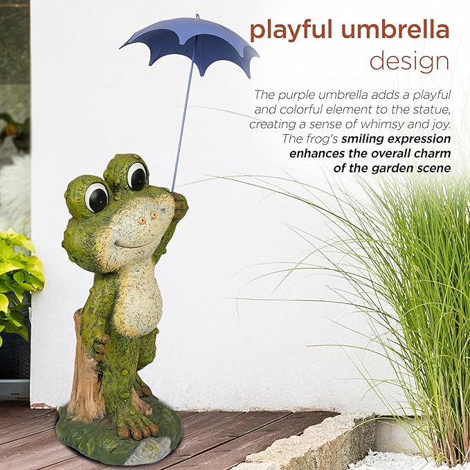 Alpine Corporation QWR1002 Indoor/Outdoor Smiling Frog with Purple Umbrella Garden Statue, Playful Frog Statue, 27" H, Green