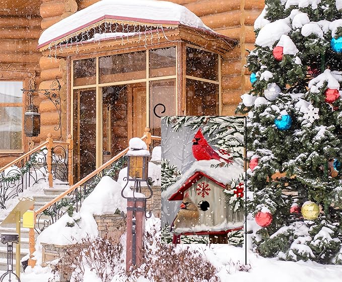 BLKWHT Winter Cardinal Bird Garden Flag 12x18 Vertical Double Sided Trees Snow Christmas Holiday Outside Decorations Burlap Yard Flag BW735