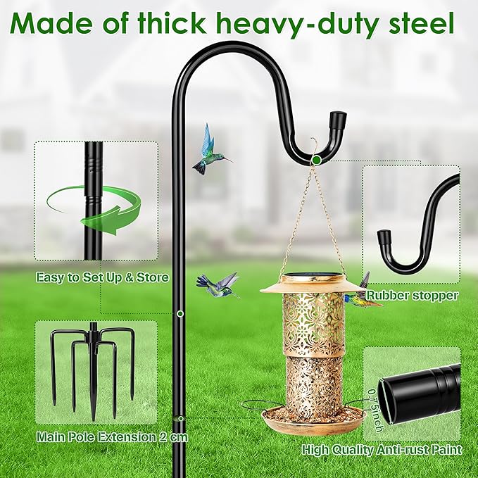 XDW-GIFTS Bird Feeder Pole for Outdoor, 92 Inch Shepherds Hooks Heavy Duty Garden Pole for Hanging Plant Basket, Solar Light Lanterns, Garden Plant Hanger Stands with 5 Base Prongs