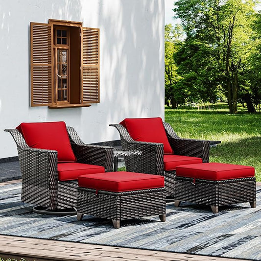 Joyside Wicker Patio Furniture Sets, 5 Pieces Upgraded Large Size Outdoor Furniture with Swivel Rocking Patio Chairs, Outdoor Ottoman and Side Table, Thick Cushions, Wide Armrest