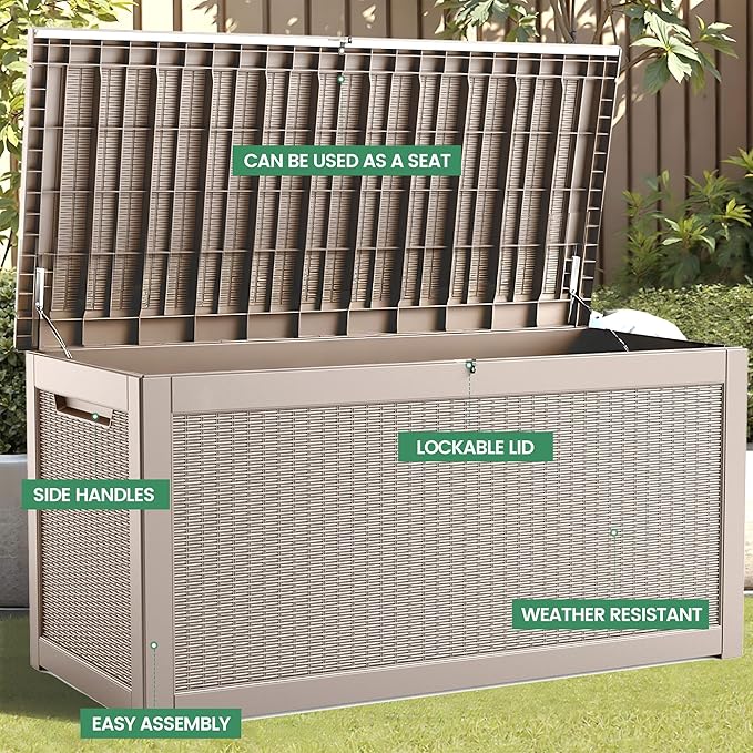 260 Gallon Storage Box, Waterproof Resin Deck Box with Steel Support & Hydraulic Rod, Lockable Storage Bench for Indoor & Outdoor Use, Storage Bin for Patio Cushions, Garden Tools, Grey