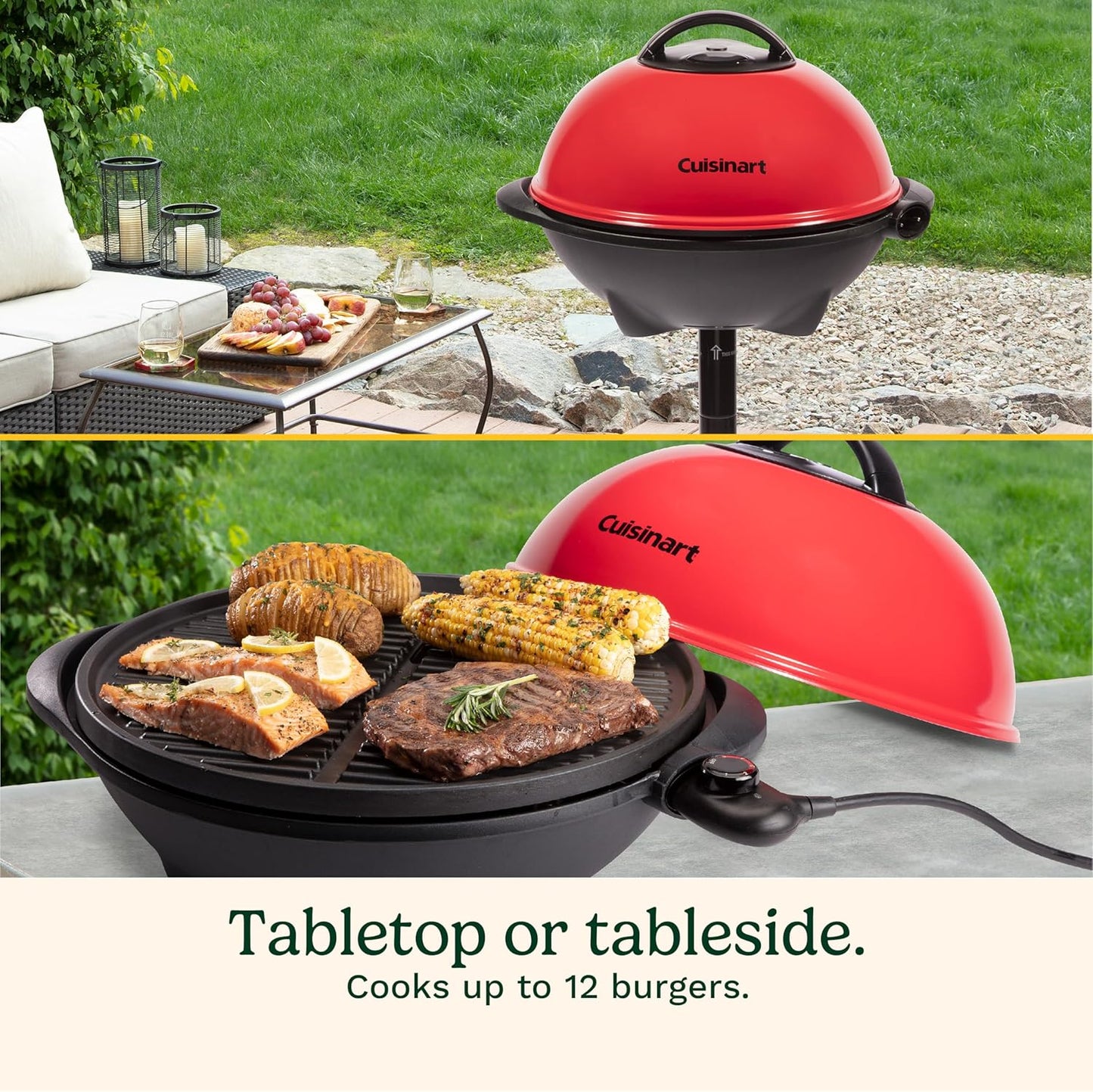 Cuisinart Indoor/Outdoor Electric Grill, 2-in-1 Portable BBQ with Nonstick Cooking Surface, Electric Grill Outdoor with Adjustable Heat, Stand/Tabletop Options for Cookouts, Barbecues, Small Spaces