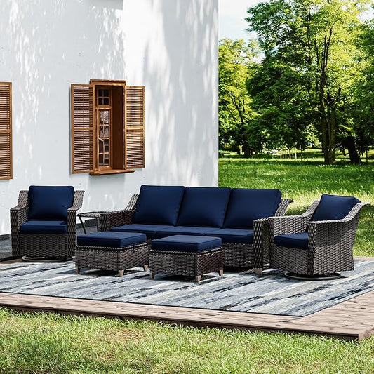 Joyside Wicker Patio Furniture Sets, 6 Pieces Upgraded Large Size Outdoor Furniture with Swivel Rocking Patio Chairs, Outdoor Ottoman, 3-Seat Sofa and Side Table, Thick Cushions, Wide Armrest