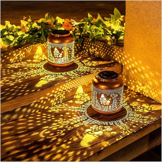 2 Pack Gnomes Solar Lanterns Outdoor Waterproof Hanging Solar Lights Gnomes Gifts for Women Men Mom Metal Decorative LED Outdoor Lanterns for Patio, Lawn, Landscape, Garden Decor, Yard Decorations