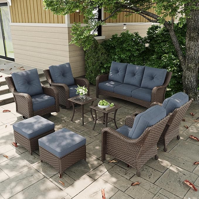 9 Pieces Outdoor Patio Furniture Sets with Rocking Swivel Chairs with 6-inch Thick Cushion and Side Table for Deck Lawn