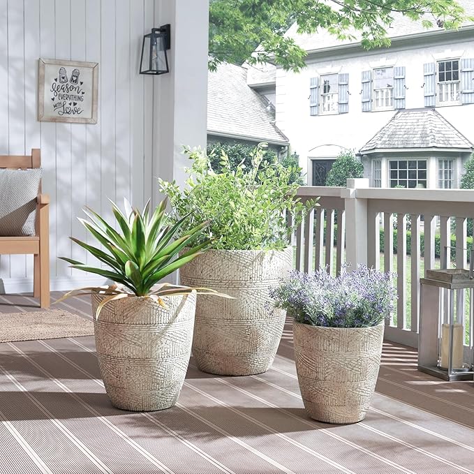 17.7"+13.8"+9.8" Dia Round Concrete Planter Set of 3, Large Indoor Outdoor Planter, Flower Pots with Drainage Holes and Sealing Plug for Garden, Patio, Home, Office Weathered Concrete Gray